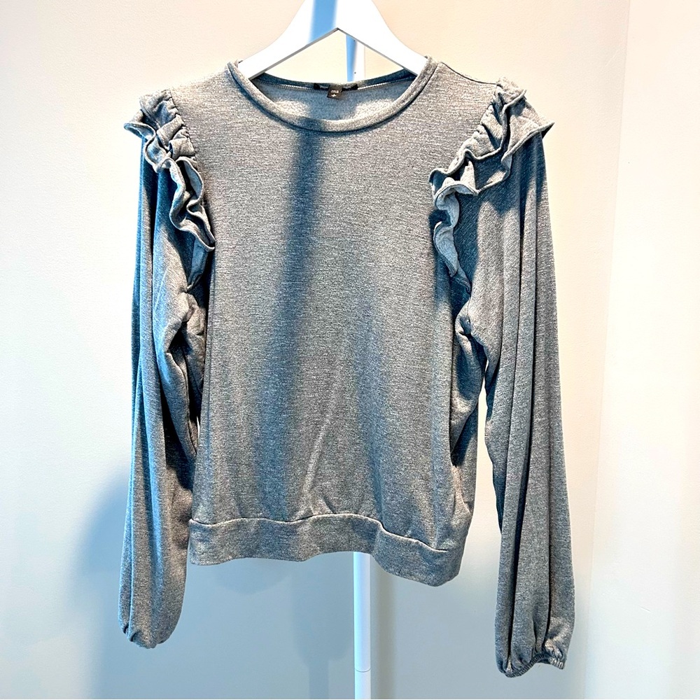 Express Grey Long Sleeves Ruffle Tops - Picture 2 of 4